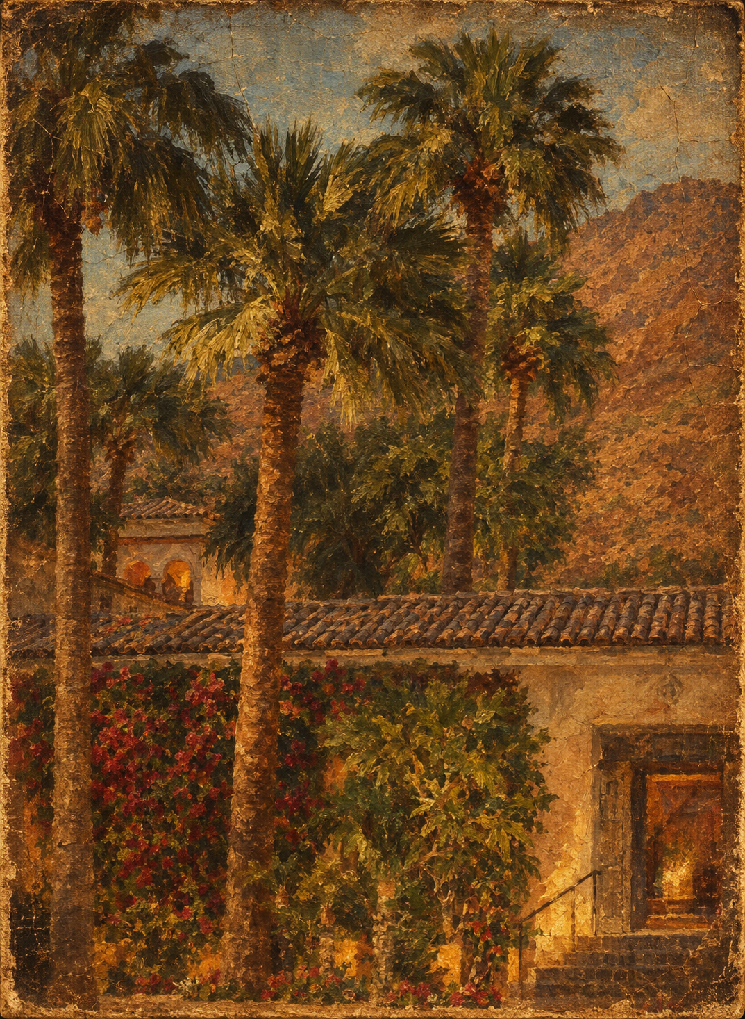 Painterly view of palms and Spanish architecture at Royal Palms